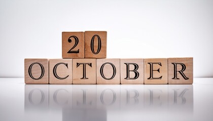 Minimalist photo of wooden blocks with date 20 October. Day and month, calendar on white background