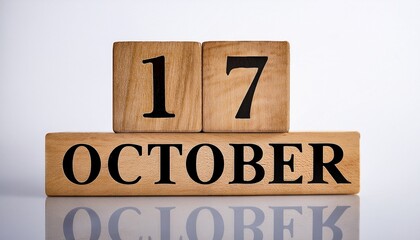 Minimalist photo of wooden blocks with date 17 October. Day and month, calendar on white background