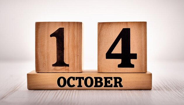 Minimalist photo of wooden blocks with date 14 October. Day and month, calendar on white background