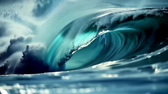A massive tidal wave crashing on the shore, with powerful water splashing