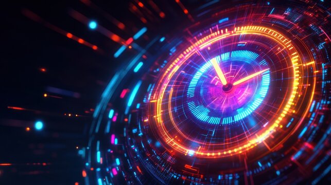 Futuristic glowing clock with vibrant neon lights and digital effects, symbolizing time, technology, and speed.