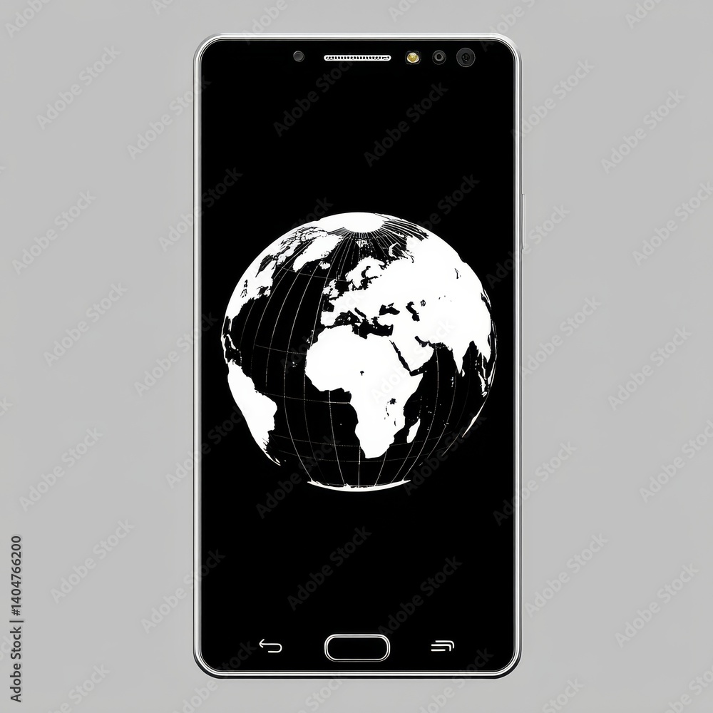 Aufkleber Global Connectivity: White World Globe Displayed on Modern Smartphone Against a Neutral Background