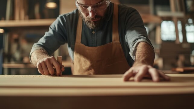 Woodworker assembling custom furniture with care. Featuring skill and attention to detail