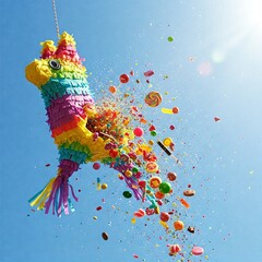 colorful pinata exploding with confetti and candy against a sunny blue sky
