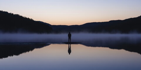 A single figure standing at the edge of a still lake at dawn