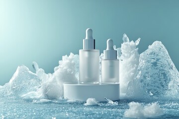 Two frosted dropper bottles sit among ice chunks, blue background. It is great for skincare product ads emphasizing cooling or hydration.