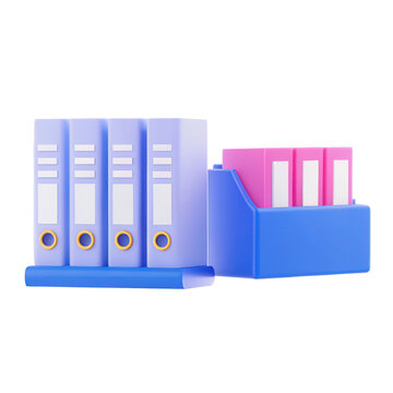 Colorful office binders arranged neatly, showcasing an organized appearance with a mix of blue and purple shades.