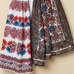 red and blue floral patterned romanian traditional blouse and skirt fabric