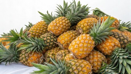 Fototapeta premium Pineapples stacked together on a bright white background in a fresh tropical display