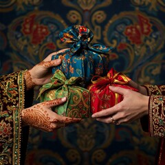 closeup of hands holding traditional colorful wrapped gifts against richly ornate background