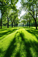 A grassy field with trees and the sun shining through the trees