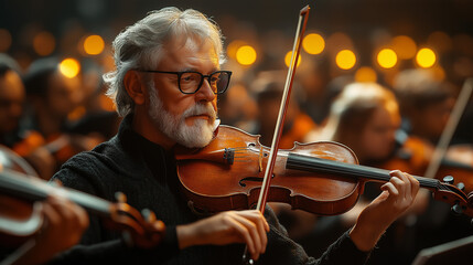 Generated Image of an older Violinist with gray hair and beard, wearing glasses, is focused on playing the violin In the blurred background