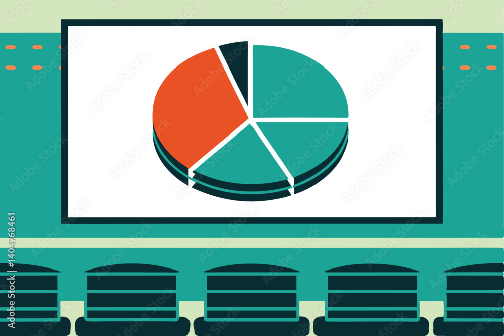 Poster business presentation with pie chart displayed on screen in auditorium setting