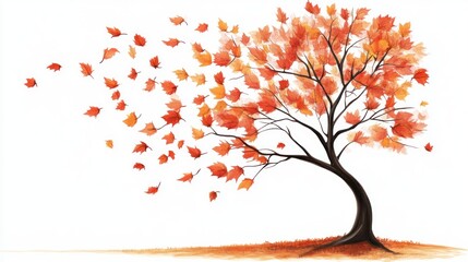 Autumn tree with leaves blowing in the wind on white background.