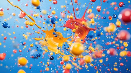 High-speed capture of liquid paint bursting in all directions, intense splatter movement with micro-droplets suspended in sharp clarity, professional lighting adding depth to color vibrancy