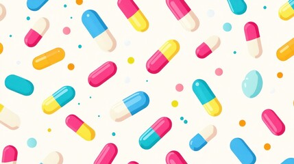 Colorful capsules scattered on white background.