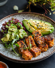 Delicious tempeh and avocado dish with greens