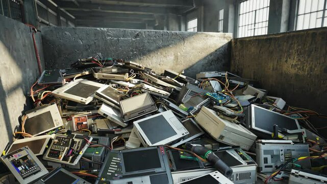 Heap of discarded computer hardware inside grunge concrete container in an industrial interior with window light