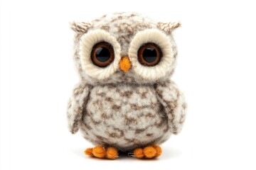 Obraz premium Owl Plush Toy Standing on White Background, Eyes Forward