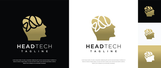human head smart brain technology logo design template. human head, mind and technology logo icon