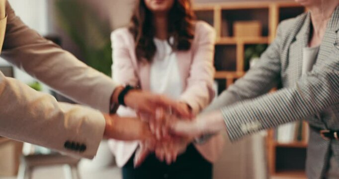 Hands stack, meeting and business people in office, synergy and cooperation for project. Closeup, sales agency or employees in workplace, partnership or support with team building or motivation goals