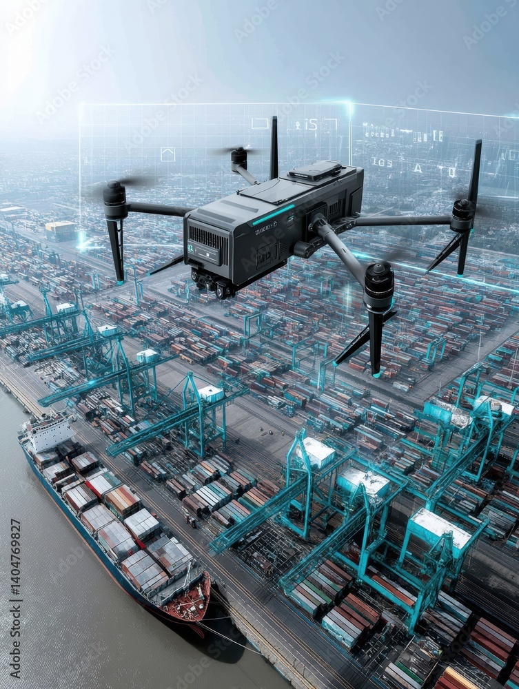 Poster autonomous logistics drone flying over port to monitor ship loading zones, scanning barcodes and fee