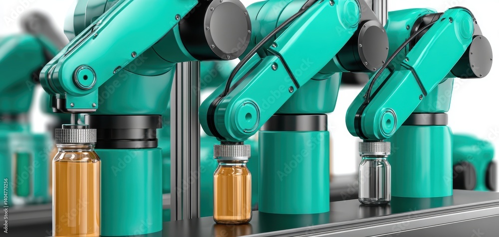 Poster cloud-connected medical supply room with ai-driven robotic arms sorting medications and ppe based on