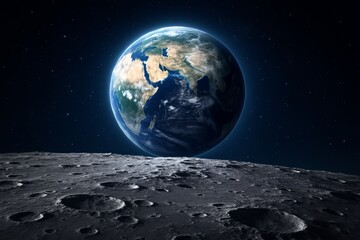 Earth Rising Above the Lunar Landscape with Starry Night Sky