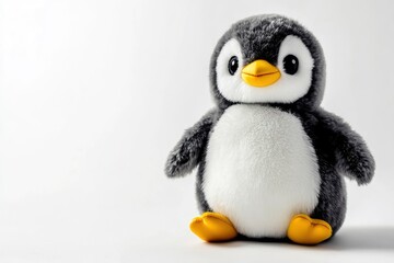 Fototapeta premium Cute Penguin Plush Toy Sitting on White Background