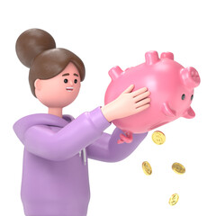 3D illustration of Asian girl Renae with piggy bank.Financial crisis concept,Transparent Background Mockup.Supports PNG files with transparent backgrounds.