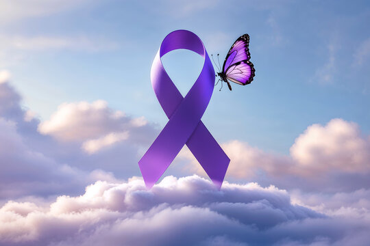 purple awareness ribbon standing on a cloud and a purple butterfly perched on the ribbon