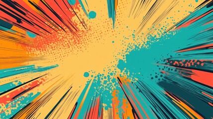 Abstract colorful burst background with paint splatters and radiating lines.