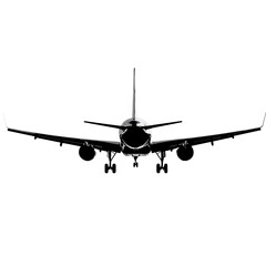 Front view of airplane landing silhouette on white background