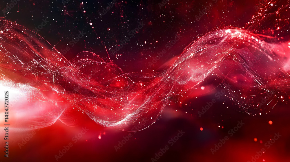 Poster abstract red tech background with digital waves, dynamic network system, artificial neural connectio