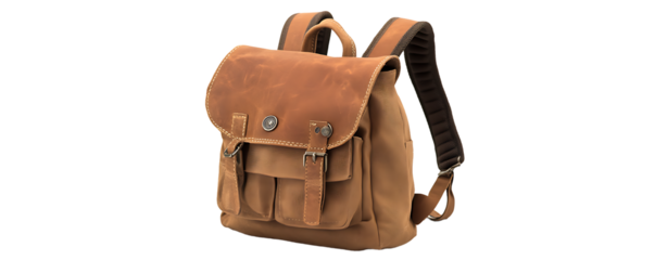A backpack with a fold-over flap and button closure, isolated on white background