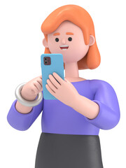 3D illustration of European businesswoman Ellen holding phone on the mobile screen.Transparent Background Mockup.Supports PNG files with transparent backgrounds.