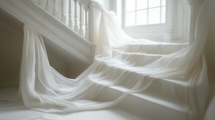 White fabric drapes elegantly on a white staircase, with sunlight coming through. Ideal for wedding themes, ethereal designs, or luxury home decor visuals.