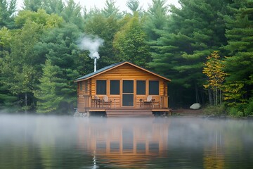Fototapeta premium Tranquil Morning in a Lakeside Cabin with Mist Floating on the Water