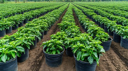 Rows of Lush Green Passion Fruit Plants Cultivated in Neat Black Pots Under the Warm Tropical Sun,