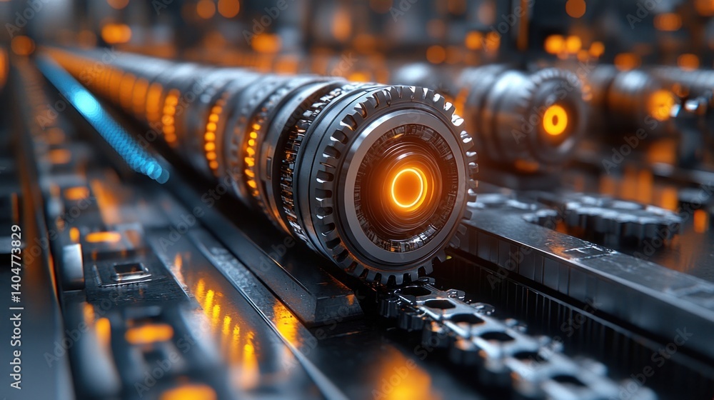 Poster futuristic machine gears and mechanisms in cyberpunk setting