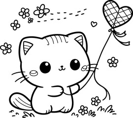Kitten Kitty Cat Flying a Kite. Coloring Book Page. Cartoon Illustration.