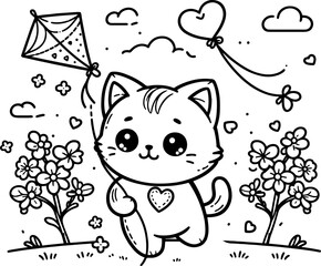 Kitten Kitty Cat Flying a Kite. Coloring Book Page. Cartoon Illustration.