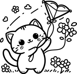 Kitten Kitty Cat Flying a Kite. Coloring Book Page. Cartoon Illustration.