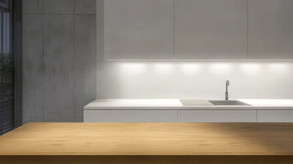 Modern kitchen interior with minimalist design and warm lighting in the early evening