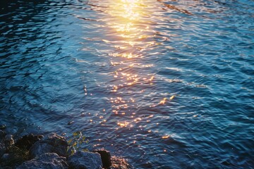 Tranquil sunset scene with water reflections on a calm lake, Reflective waters softening the edges of the fading sun