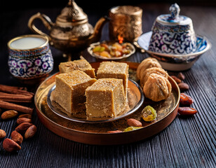 Fototapeta premium Traditional Azerbaijani sweets like halva and gozal are presented, showcasing the country's diverse culinary traditions and sweet flavors.