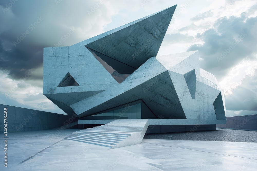 Poster modern geometric concrete building with cloudy sky, design a geometric, abstract building that blurs