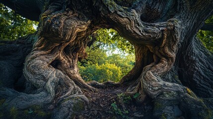 Discovering a hidden portal in an ancient oak tree leading to a vibrant fantasy realm