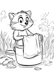Cute raccoon washing clothes