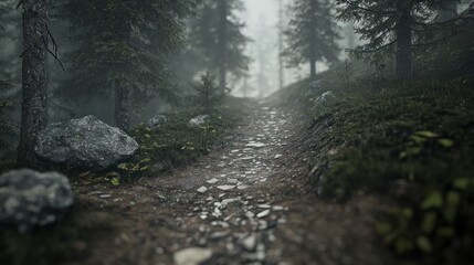 Obraz premium Misty Forest Path: A Serene Journey Through the Woods